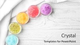  Presentation with scrubs - Slides enhanced with body scrubs on wooden background background and a  colored foreground
