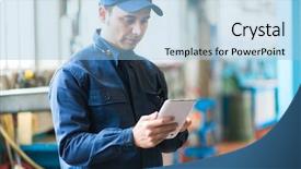  Presentation with mechanic tablet - Cool new slide set with body shop - mechanic using a tablet backdrop and a light blue colored foreground