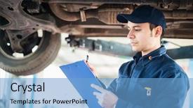  Presentation with taking notes - PPT theme consisting of body shop - portrait of a mechanic taking background and a light blue colored foreground