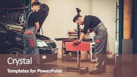  Presentation with auto body repair - Presentation with body shop - professional car mechanics inspecting headlight background and a coral colored foreground