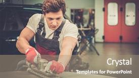  Presentation with machine shop - Theme with body shop - young serviceman performing grinding background and a coral colored foreground