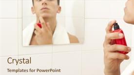  Presentation with bathroom - Beautiful slides featuring body spray - handsome young man applying parfume backdrop and a sky blue colored foreground