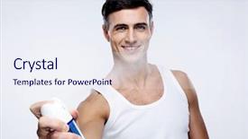 Presentation with gray - Presentation design with body spray - happy man spraying deodorant background and a  colored foreground