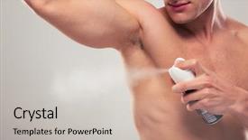  Presentation with agriculture farm machinery spraying insecticide - Presentation featuring body spray - man spraying deodorant over gray background and a soft green colored foreground