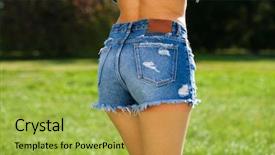  Presentation with women body - Audience pleasing theme consisting of body torn blue jeans short backdrop and a yellow colored foreground