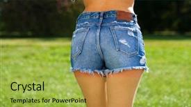  Presentation with women body - Audience pleasing PPT theme consisting of body torn blue jeans short backdrop and a  colored foreground