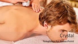  Presentation with beauty salon - Presentation theme having body treatments - man receiving electroporation back therapy background and a coral colored foreground
