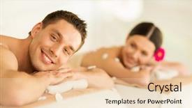  Presentation with spa salon - Cool new theme with body treatments - picture of couple in spa backdrop and a  colored foreground