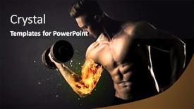  Presentation with weight lifting - PPT theme with bodybuilder athlete lifting weight with fire explode arm concept on background background and a dark gray colored foreground