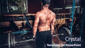  Presentation with training - Beautiful PPT layouts featuring steroids body duilder - bodybuilder in training room backdrop and a navy blue colored foreground