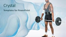  Presentation with lifting weights - Slides having abstract waves composition dots - bodybuilder lifting heavy barbell weights background and a light blue colored foreground