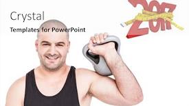  Presentation with tape measure - Amazing slide deck having bodybuilder lifting heavy kettlebell against digitally generated image of 3d new year with tape measure backdrop and a white colored foreground