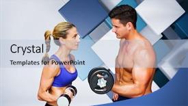  Presentation with bodybuilding - Cool new slide set with bodybuilding couple against blue and white tile design backdrop and a light blue colored foreground