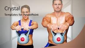  Presentation with bodybuilding - Presentation design featuring bodybuilding couple against digitally generated room background and a soft green colored foreground