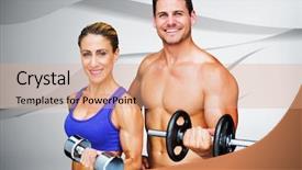  Presentation with bodybuilding - Beautiful PPT layouts featuring bodybuilding couple against white wave design backdrop and a coral colored foreground