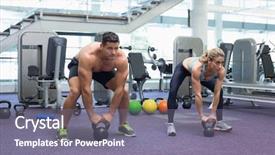  Presentation with bodybuilding - Audience pleasing slide set consisting of bodybuilding man and woman lifting kettlebells in a squat at the gym backdrop and a gray colored foreground