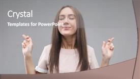  Presentation with worried young female college student - Beautiful slide deck featuring bodylanguage - joyful young female raises fingers backdrop and a gray colored foreground