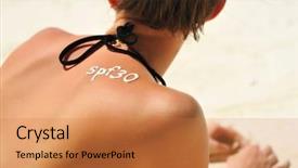  Presentation with sunscreen - Theme consisting of bodylotion - sunscreen lotion over tan woman background and a coral colored foreground