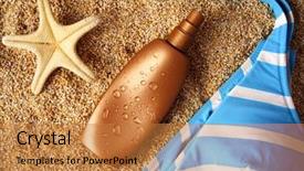  Presentation with lotion - Slide set with bodylotion - suntan lotion container on sand background and a  colored foreground