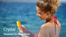  Presentation with tan - Beautiful slides featuring bodylotion - tan woman applying sun protection backdrop and a ocean colored foreground