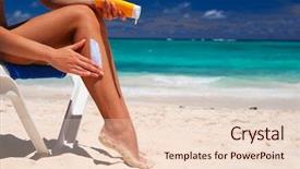  Presentation with tan - Audience pleasing PPT theme consisting of bodylotion - tan woman applying sun protection backdrop and a lemonade colored foreground