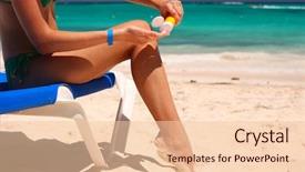  Presentation with tan - Audience pleasing theme consisting of bodylotion - tan woman applying sun protection backdrop and a  colored foreground