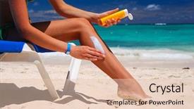  Presentation with tan - Beautiful presentation theme featuring bodylotion - tan woman applying sun protection backdrop and a lemonade colored foreground