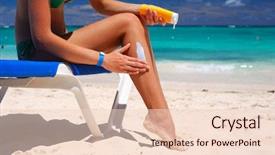  Presentation with tan - Colorful presentation theme enhanced with bodylotion - tan woman applying sun protection backdrop and a lemonade colored foreground
