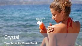  Presentation with electrical engineer surge protection - Presentation design featuring bodylotion - woman applying sun protection lotion background and a  colored foreground