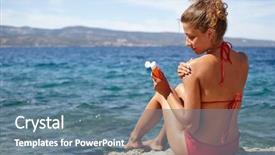  Presentation with lotion - Cool new PPT theme with bodylotion - woman applying sun protection lotion backdrop and a  colored foreground