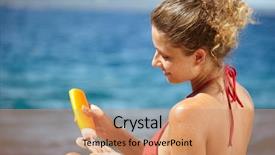  Presentation with sunscreen - Slides having bodylotion - woman applying sunscreen solar cream background and a  colored foreground