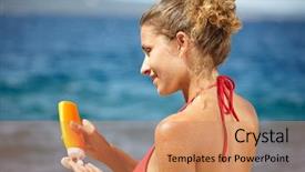  Presentation with sunscreen - Amazing PPT layouts having bodylotion - woman applying sunscreen solar cream backdrop and a coral colored foreground