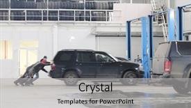  Presentation with car - Beautiful presentation theme featuring bodyshop - car in a car repair backdrop and a  colored foreground