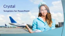  Presentation with airplane - Beautiful slide deck featuring boeing - smiling hostess with airplane backdrop and a sky blue colored foreground