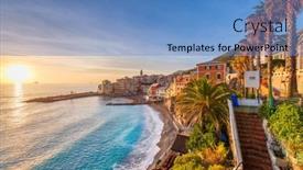  Presentation with sunset beach - Presentation theme with bogliasco-genoa-italy-skyline background and a teal colored foreground