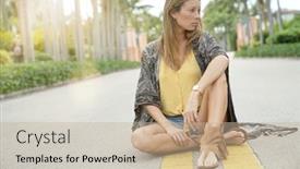  Presentation with bohemian - Audience pleasing theme consisting of bohemian woman sitting in middle of road surrounded by palm trees backdrop and a mint green colored foreground