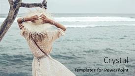  Presentation with beach bag - PPT theme enhanced with boho-styled-model-wearing-dress background and a light gray colored foreground