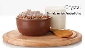  Presentation with white milk - Presentation theme enhanced with boiled buckwheat in a brown bowl a glass of milk on a wooden board isolated on white background and a white colored foreground