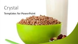  Presentation with green glass - Audience pleasing slide deck consisting of boiled buckwheat in a green bowl a glass of milk isolated on white backdrop and a white colored foreground
