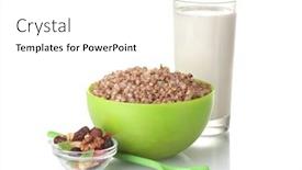  Presentation with green glass - Slide set with boiled buckwheat in a green bowl a glass of milk isolated on white background and a white colored foreground