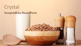  Presentation with milk - Beautiful presentation theme featuring boiled buckwheat in a wooden bowl with a glass of milk on wooden table on brown backdrop and a lemonade colored foreground