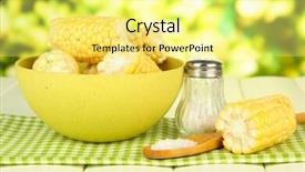  Presentation with corn - Beautiful presentation theme featuring boiled corn in bowl on wooden table on bright background backdrop and a blonde colored foreground