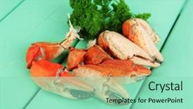  Presentation with crab - Amazing presentation having boiled crab claws on wooden table background backdrop and a mint green colored foreground