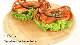  Presentation with crabs - Amazing slide deck having boiled crabs on wooden board isolated on white backdrop and a blonde colored foreground