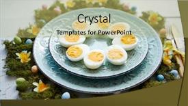  Presentation with cutlery easter table setting - Amazing slide set having boiled eggs halfs rustical dishware backdrop and a yellow colored foreground