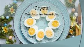  Presentation with table setting - Presentation design consisting of boiled eggs halfs rustical dishware background and a light blue colored foreground