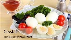  Presentation with table napkin - Presentation design consisting of boiled eggs on plate on napkin on wooden table background and a lemonade colored foreground