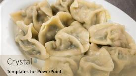  Presentation with snack - Cool new PPT theme with boiled-jiaozi-taiwan-famous-snack backdrop and a coral colored foreground