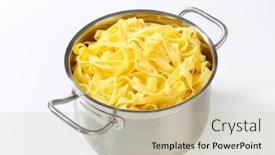  Presentation with stainless steel - Amazing theme having boiled pasta in a stainless steel pot backdrop and a soft green colored foreground