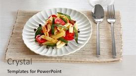  Presentation with penne pasta - PPT layouts with boiled penne pasta with tomatoes french bean and arugula on white plate background and a mint green colored foreground